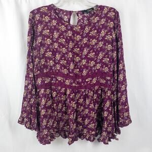 Suzanne Betro Purple Floral Boho Peasant Blouse Womens Large